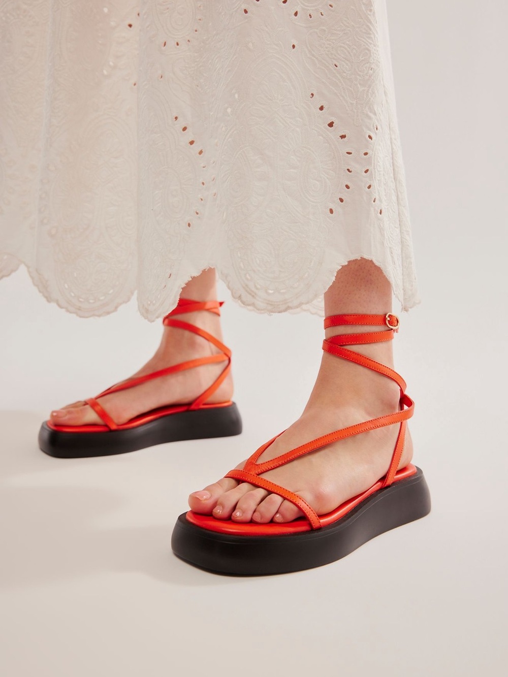 Free People Winnie Wrap VermillionOrange Wrap-Around Flatform Sandals